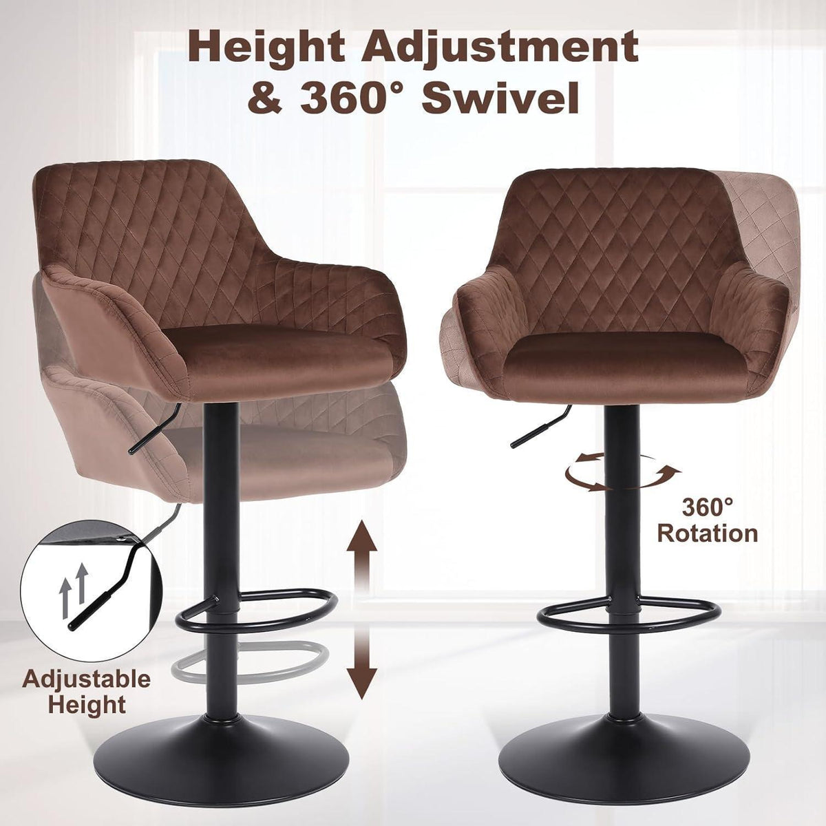 Barhocker Set 3er – Höhenverstellbar, Samt, Braun