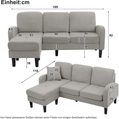 L-förmiges Ecksofa Grau – 3-Sitzer Sofa für Wohnzimmer