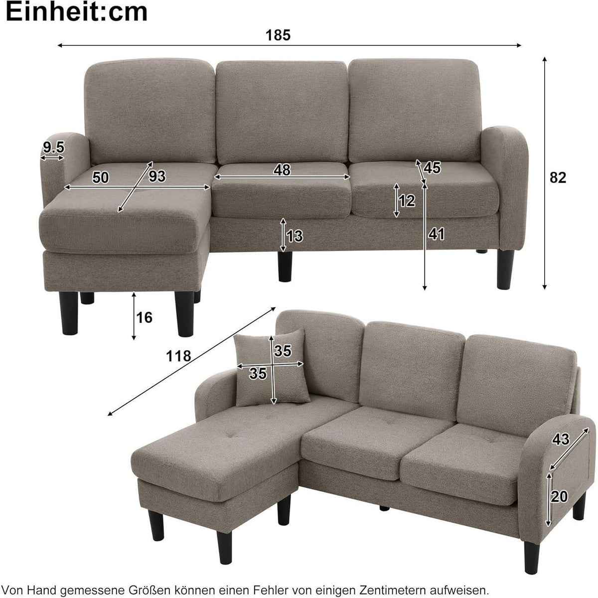 L-förmiges Ecksofa 3-Sitzer, Dunkelgrau, Baumwolle & Leinen