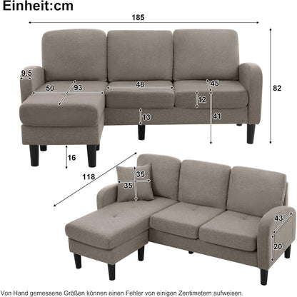 L-förmiges Ecksofa 3-Sitzer, Dunkelgrau, Baumwolle & Leinen