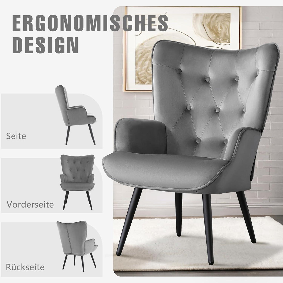 Ohrensessel 2er Set Grau – Samt Lesesessel mit hoher Rückenlehne