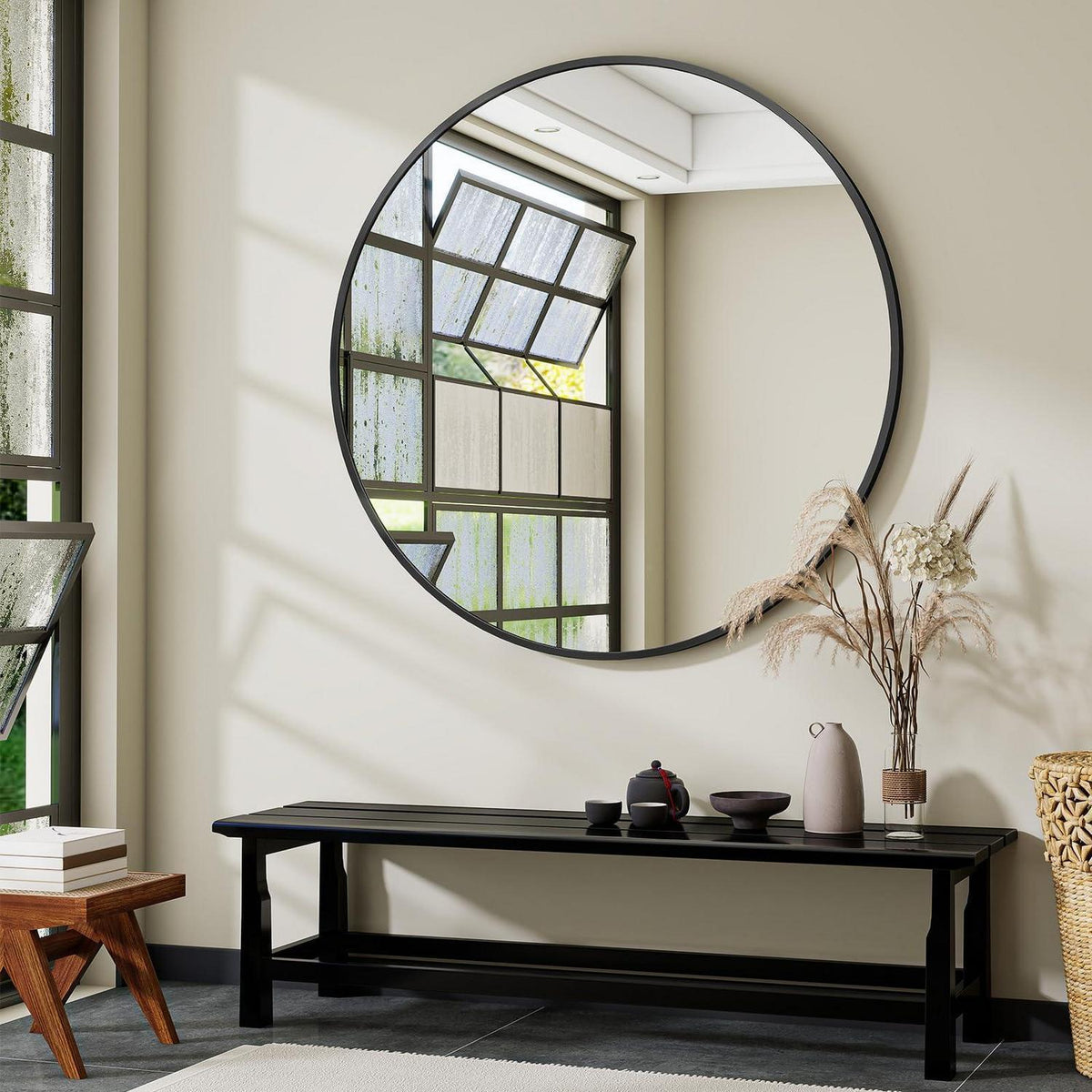 Runder Wandspiegel 106cm, Schwarz – Modern & Elegant