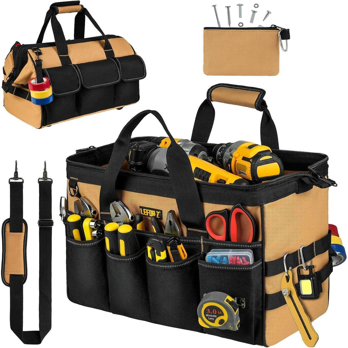 Robuste Werkzeugtasche 16 Zoll mit 27 Fächern, Schwarz Braun