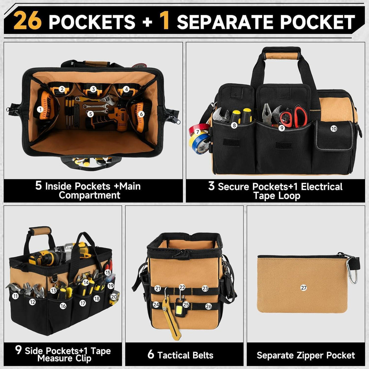 Robuste Werkzeugtasche 16 Zoll mit 27 Fächern, Schwarz Braun