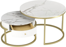 Runder Couchtisch Weiß mit Stauraum 2er Set Marmor Gold