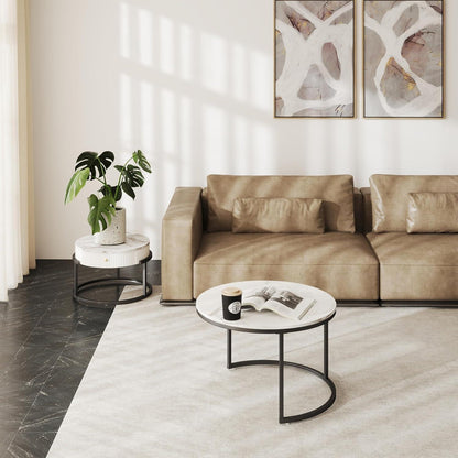 Couchtisch Rund mit Schublade Marmor Optik Satztische Weiß 70 cm 50 cm