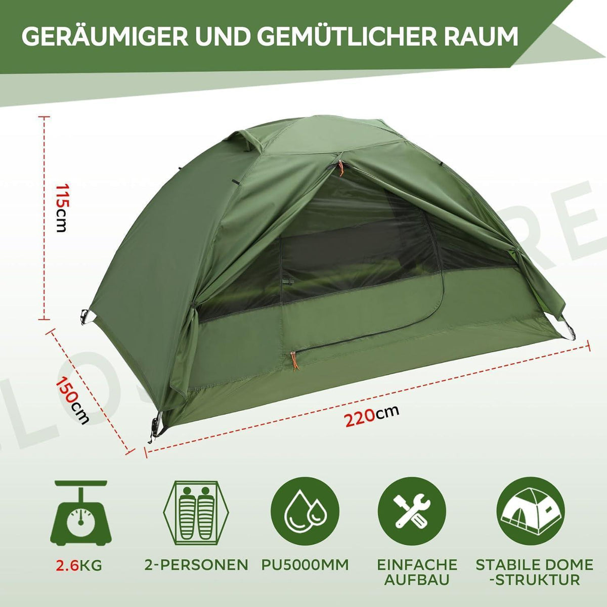 2 Personen Kuppelzelt wasserdicht leicht 3-4 Jahreszeiten Grün
