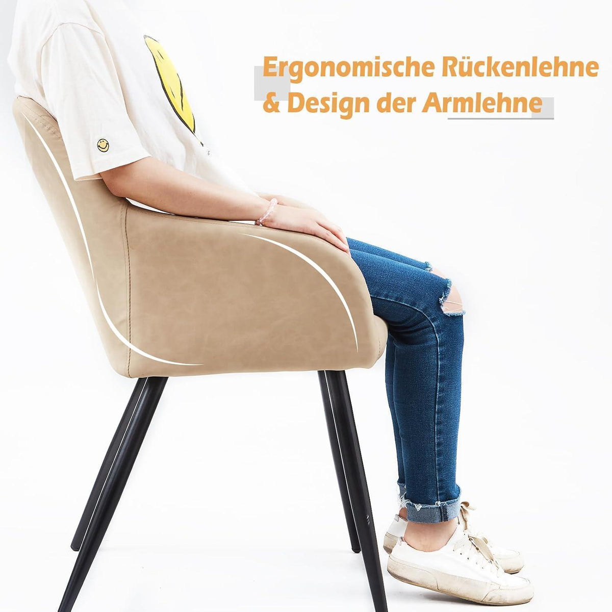 Esszimmerstuhl mit Armlehnen, Creme Beige in Lederoptik