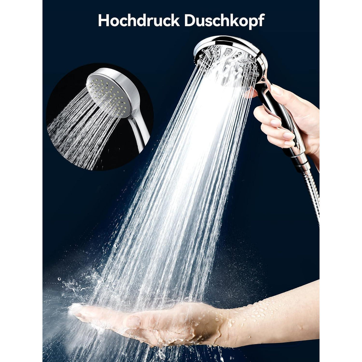 Hochdruck-Duschkopf mit 5 Strahlarten und Edelstahlschlauch