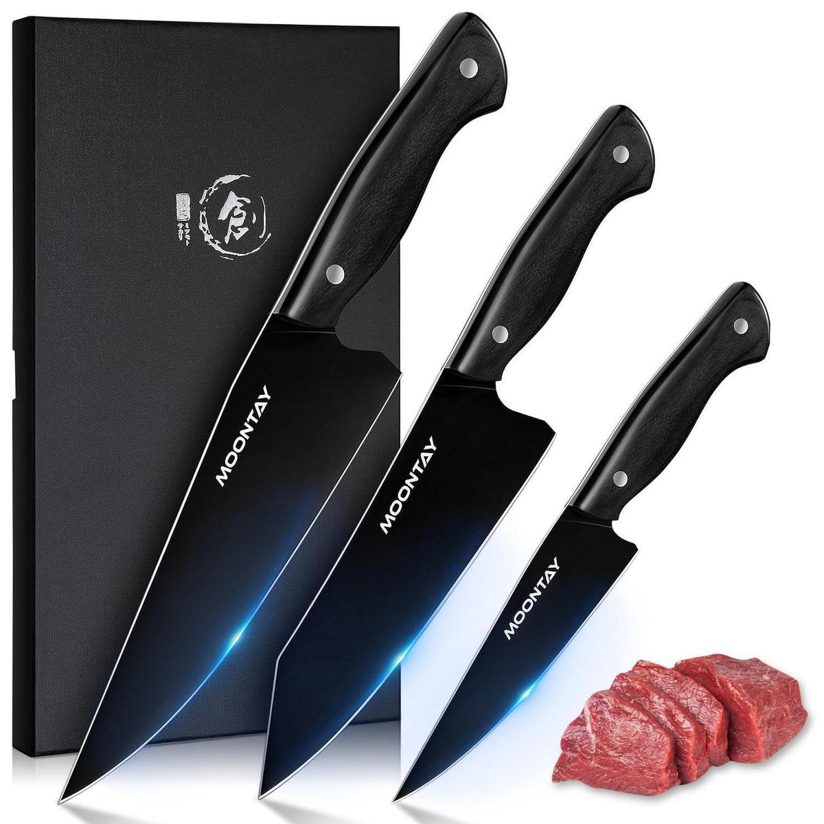 3-teiliges Küchenmesser-Set mit Geschenkbox – Edelstahl & Holzgriff