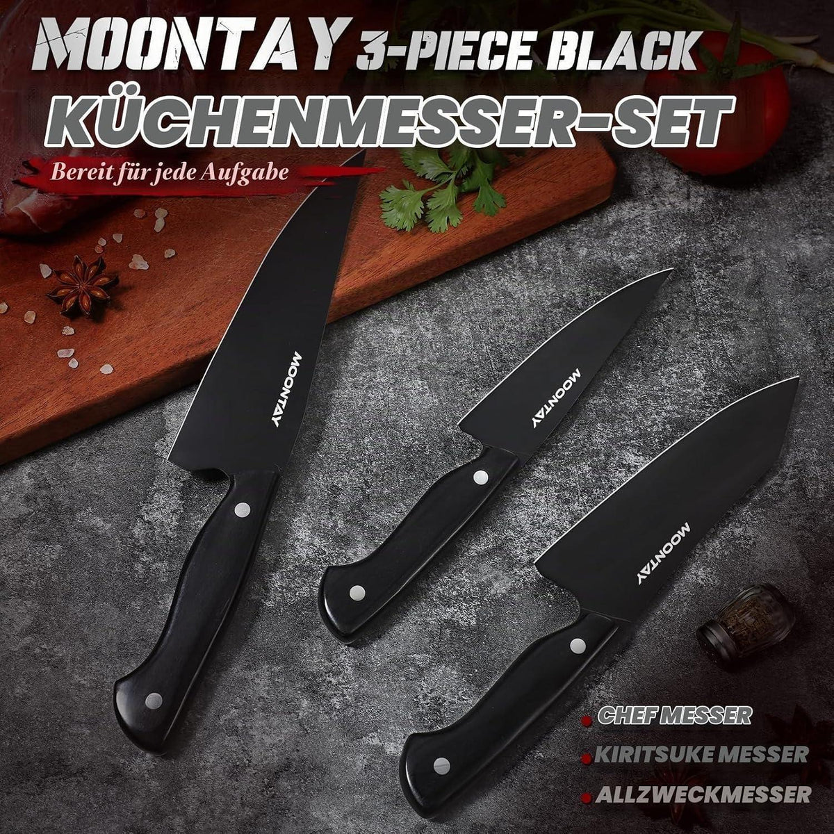 3-teiliges Küchenmesser-Set mit Geschenkbox – Edelstahl & Holzgriff