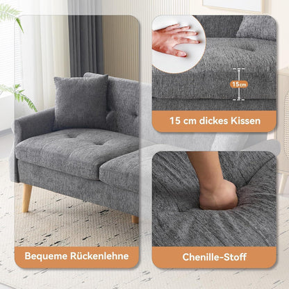 Schlafsofa Grau, 2-Sitzer Couch mit Kissen & Massivholzfüßen