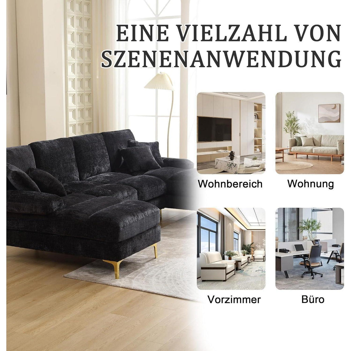 Modernes Ecksofa U-Form mit Liegefläche & Chenille-Stoff (Schwarz)