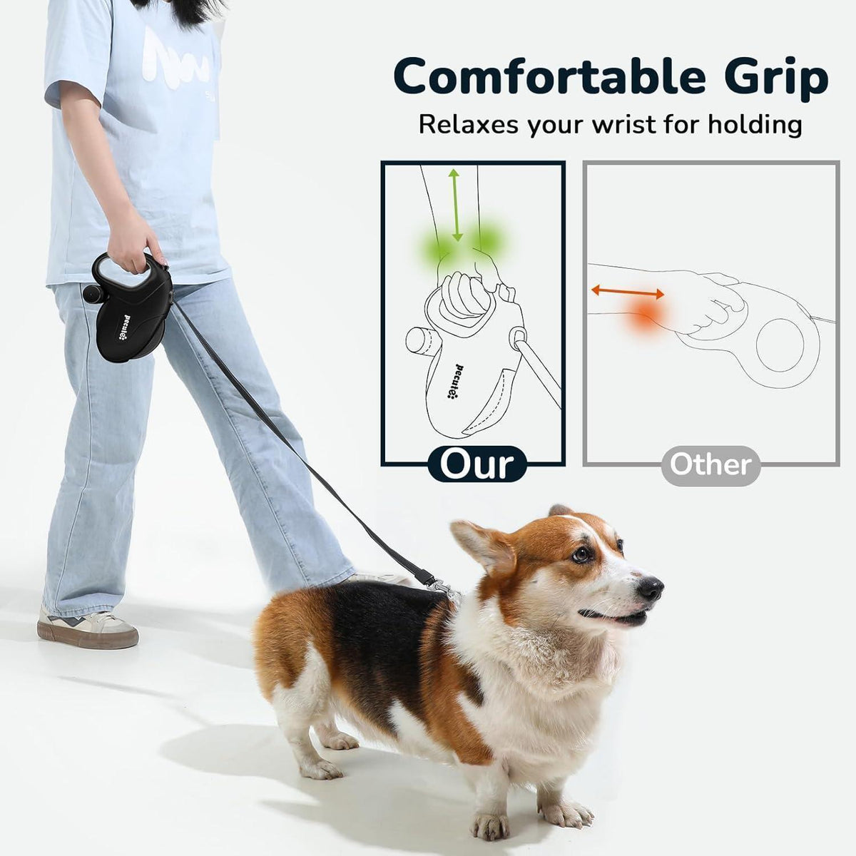 Pecute Rollleine für Hunde 10m, bis 50kg, Schwarz