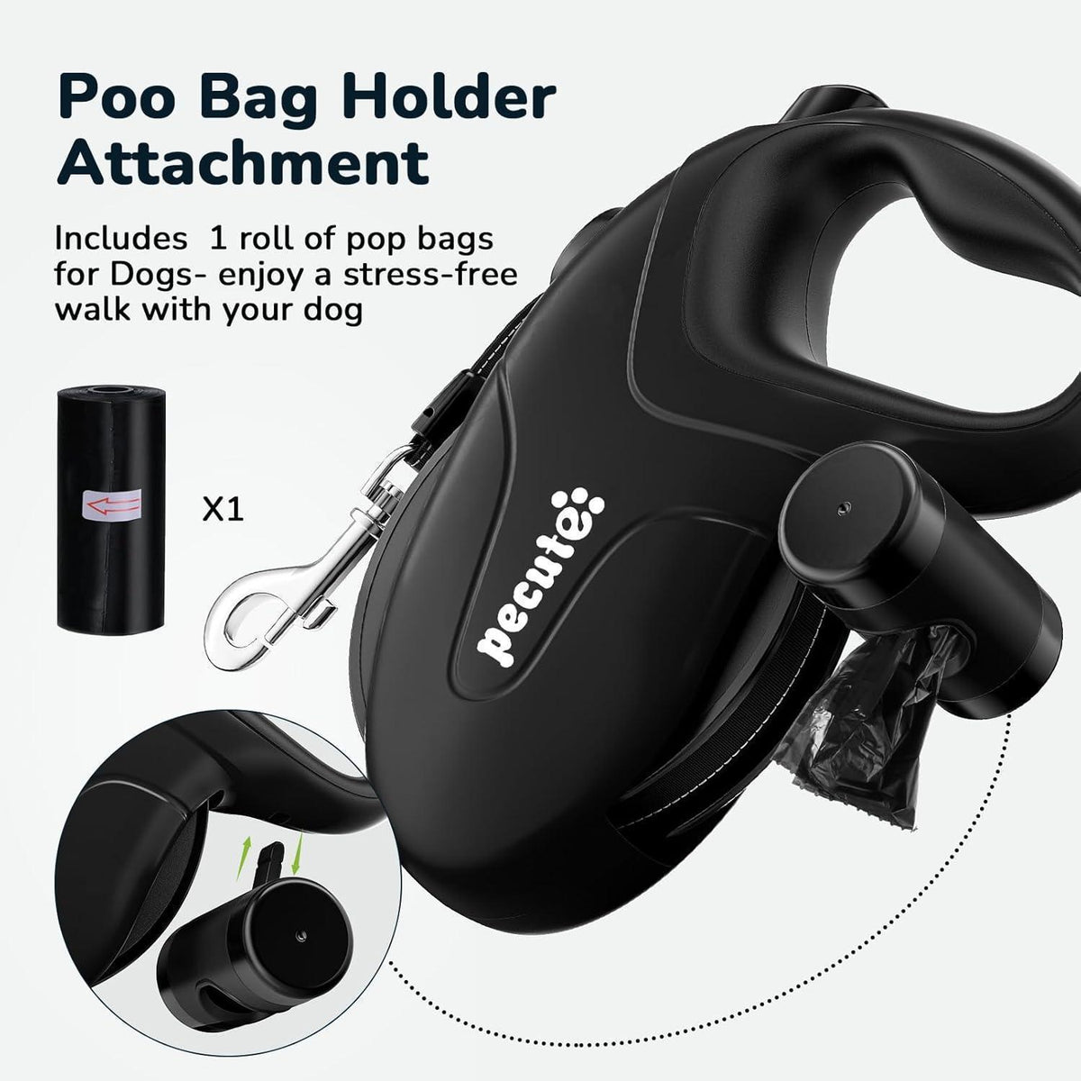 Pecute Rollleine für Hunde 10m, bis 50kg, Schwarz