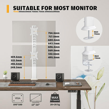 Doppelmonitor Tischhalterung, Gelenkarm für 2 Monitore, Weiß