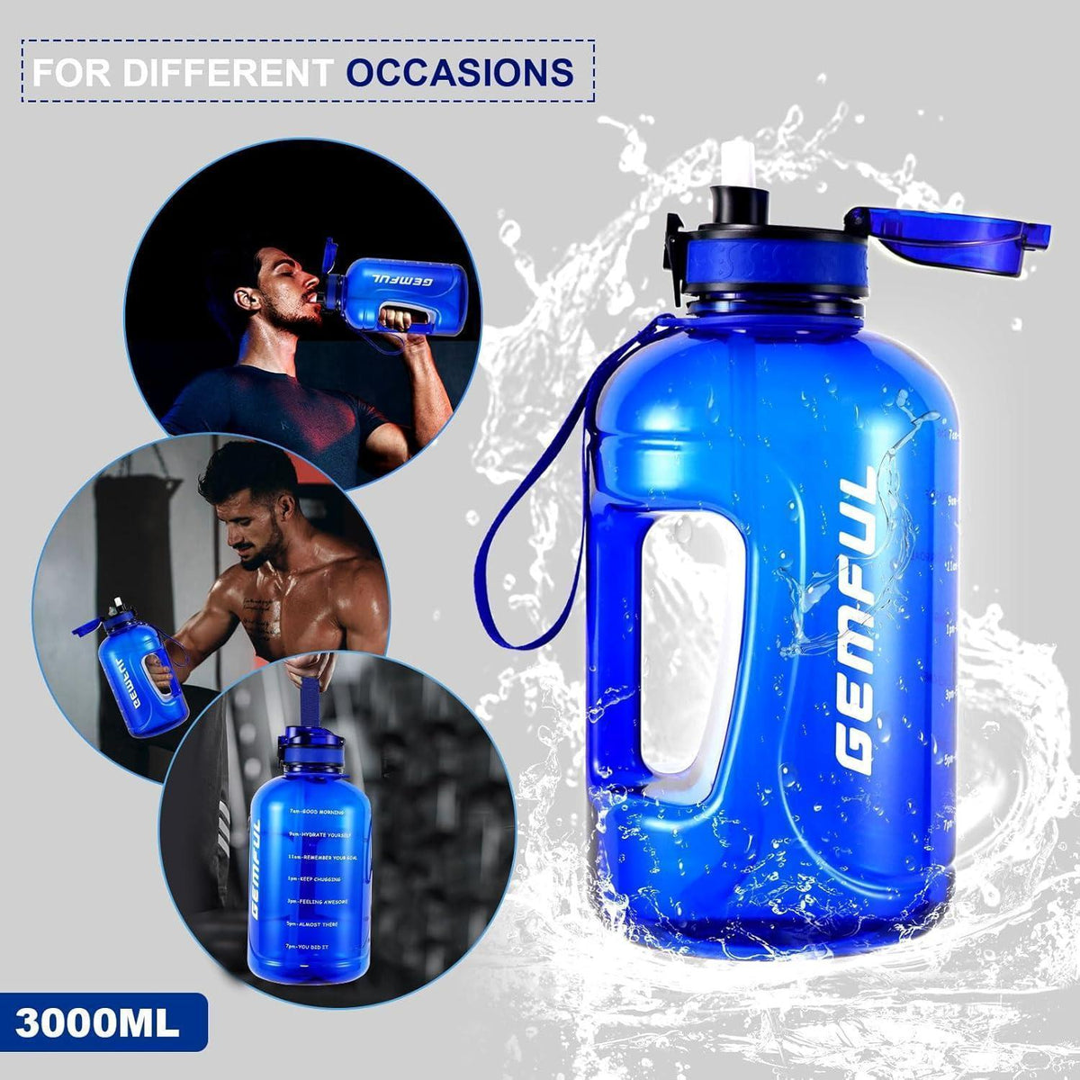 3L Motivations-Trinkflasche mit Strohhalm & Zeitmarkierung (Royal Blue)