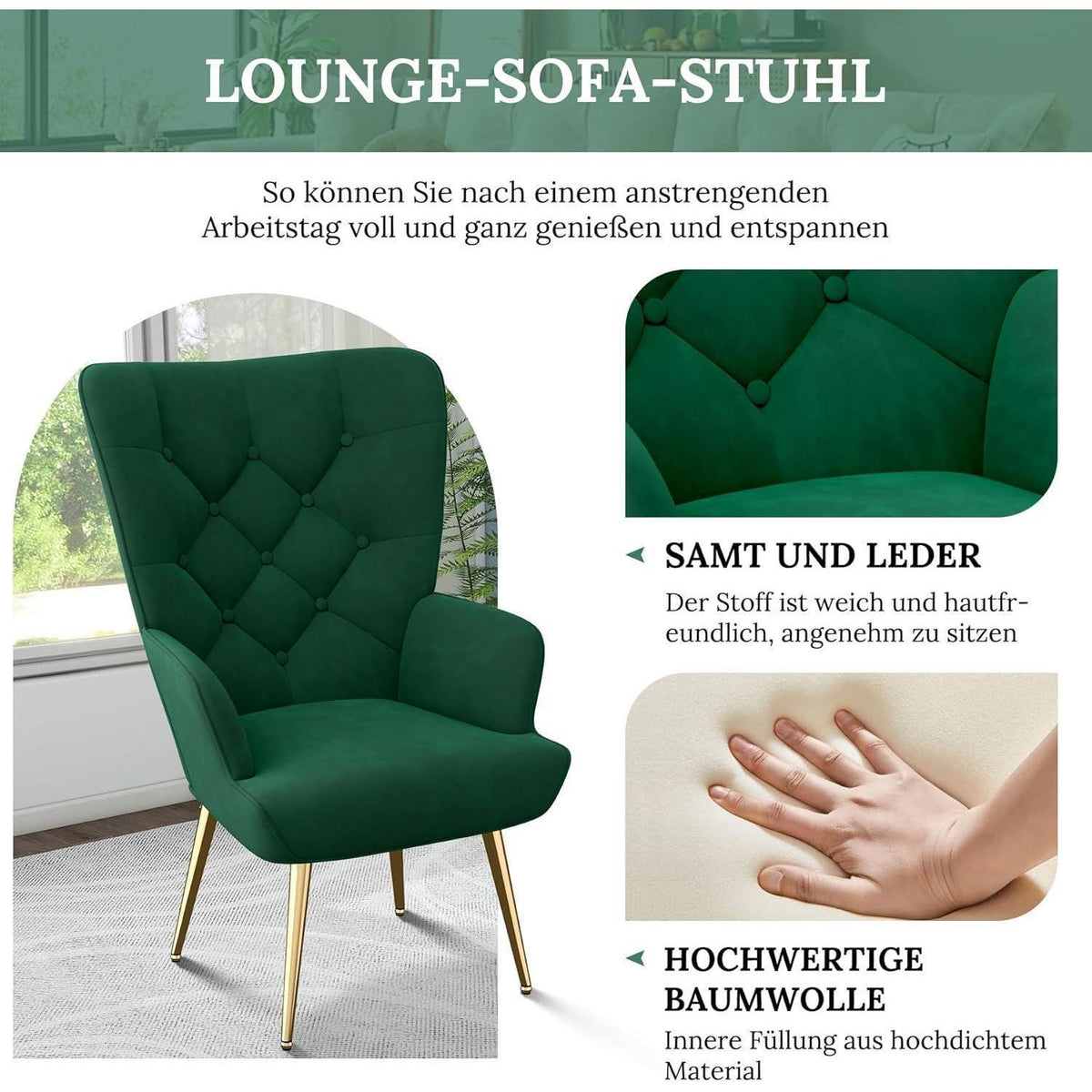 Eleganter Polsterstuhl mit Metallbeinen, Grün
