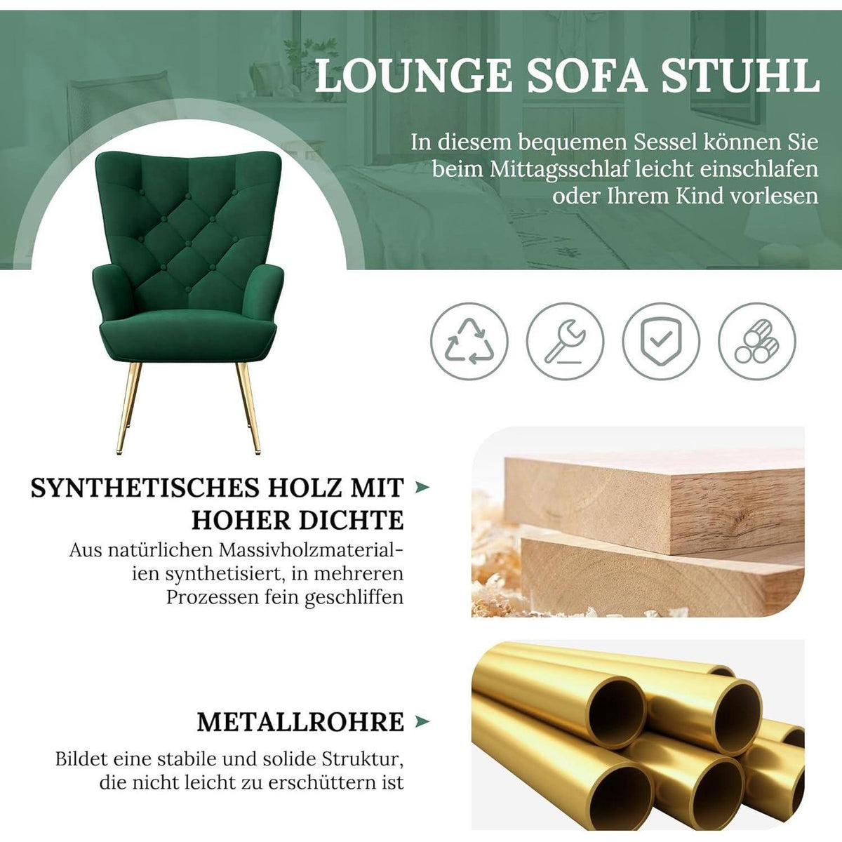 Eleganter Polsterstuhl mit Metallbeinen, Grün