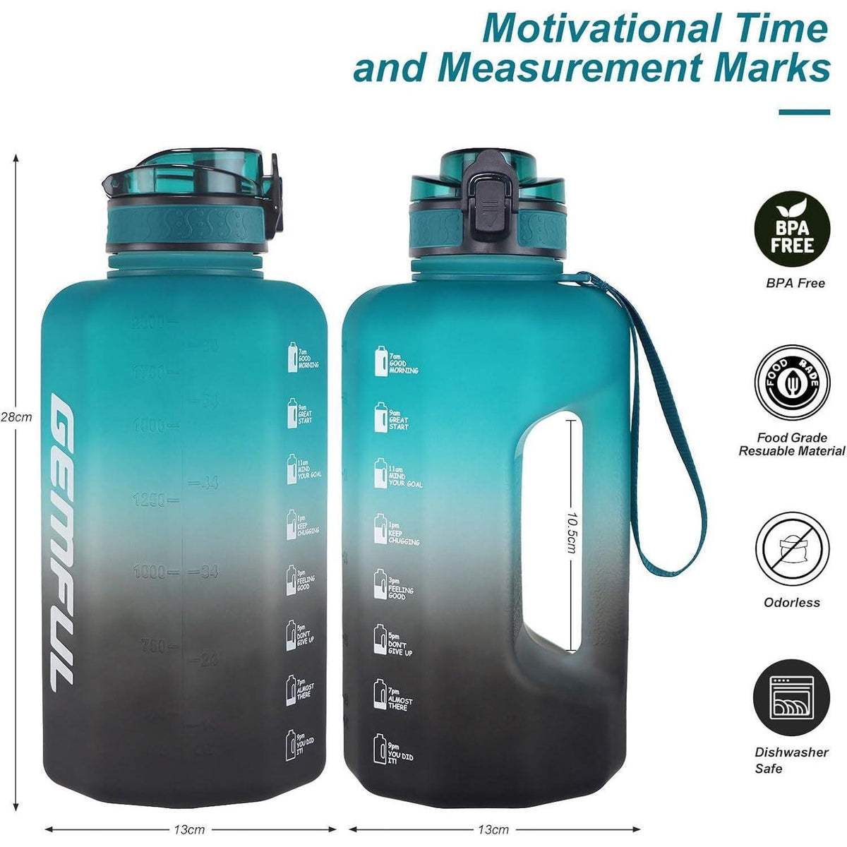 2.2L Trinkflasche mit Zeitmarkierung & Griff - Grün/Schwarz