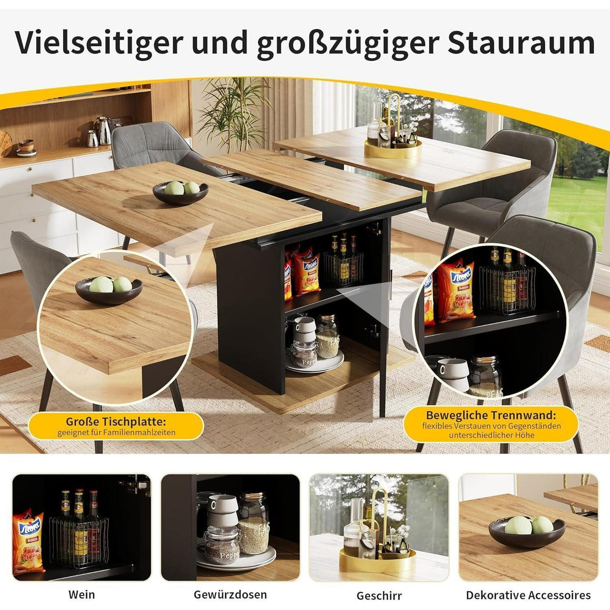 Ausziehbarer Esstisch mit Ablage & Regenbogenglas