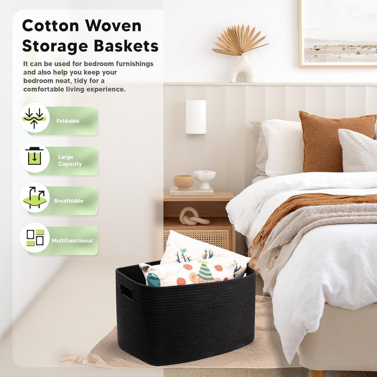 XXL Geflochtener Wäschekorb 72L – Schwarz, 56x43x30cm
