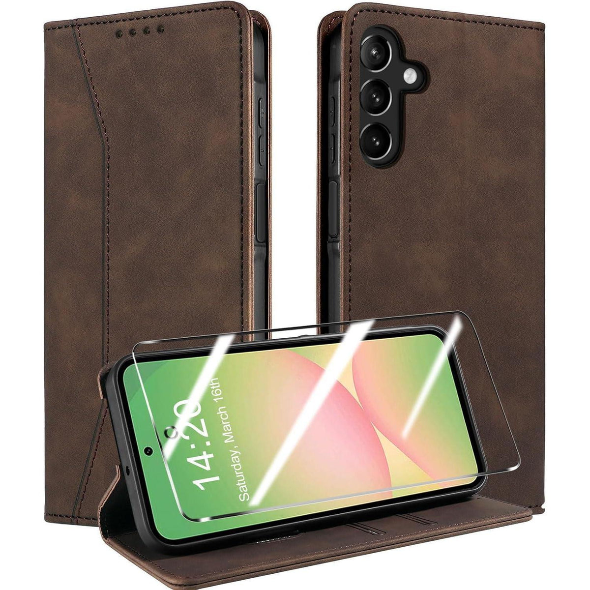 Handyhülle mit Panzerglas für Samsung A56/A36 5G, Flip Case mit RFID-Schutz in Lederoptik