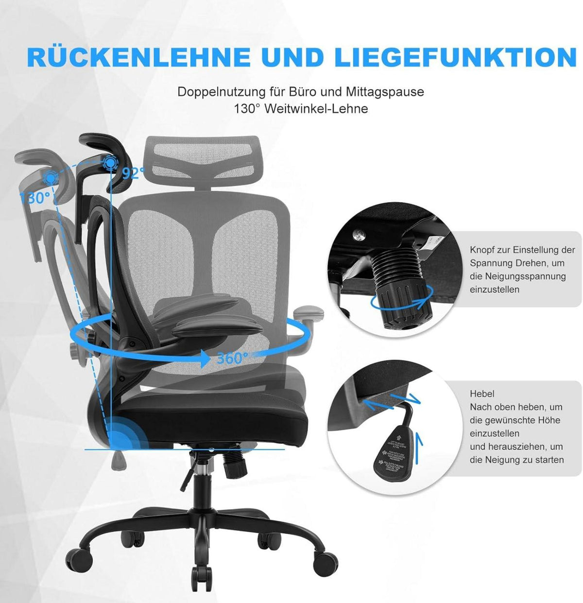 Ergonomischer Bürostuhl mit hoher Rückenlehne und verstellbarer Kopfstütze