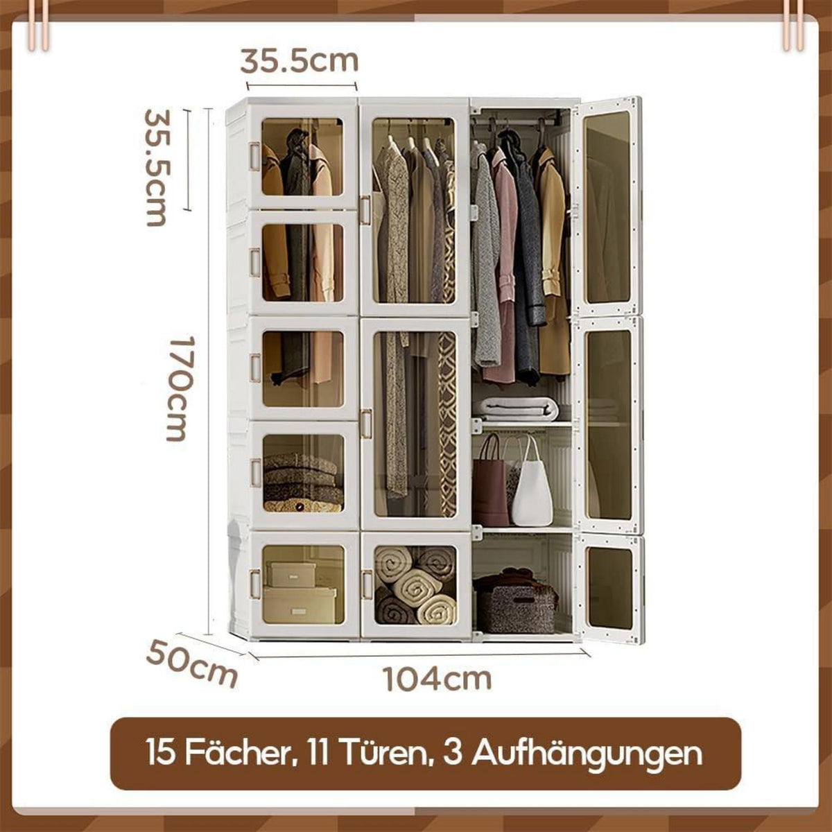 Zusammenklappbarer Kleiderschrank mit Kleiderstange & Magnettüren