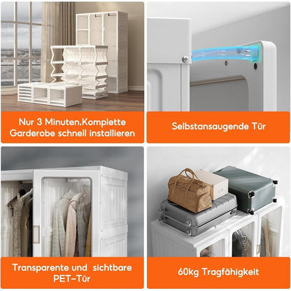 Zusammenklappbarer Kleiderschrank mit Kleiderstange & Magnettüren