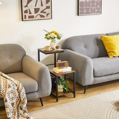 G-förmiger Beistelltisch mit Regalen – Rustikaler Couchtisch