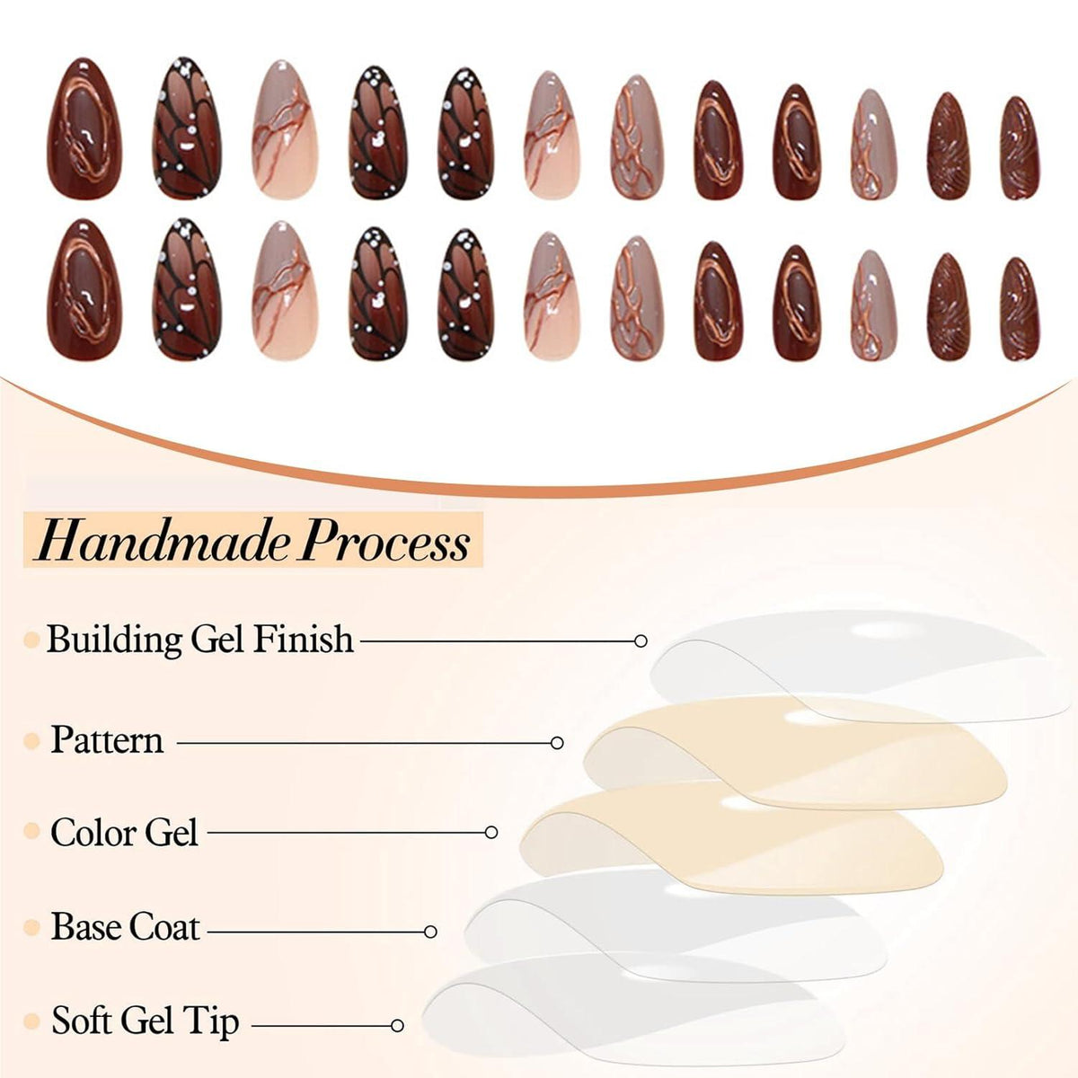 Herbst Almond Press-On Falsche Nägel Schmetterling Streifen 24 Stück