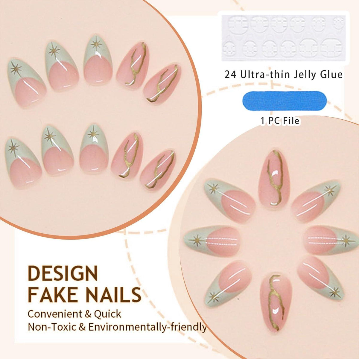 30-teiliges Hellgrünes French Tip Press-on-Nagelset - Almond & Herbst