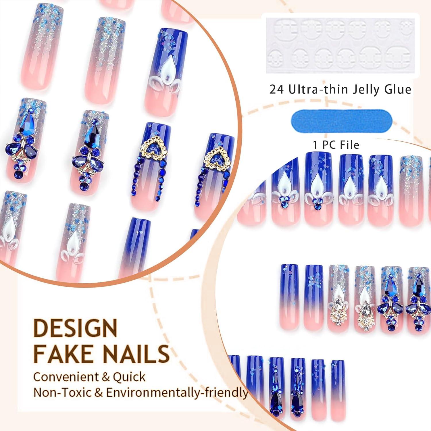 Press on Nägel Königlich Blau Lange Sarg Form Rhinestones Designs 24