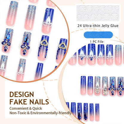 Press on Nägel Königlich Blau Lange Sarg Form Rhinestones Designs 24