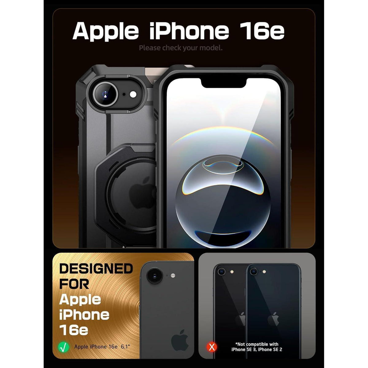 iPhone 16e Hülle mit Ringständer, MagSafe, Militärschutz, Schwarz