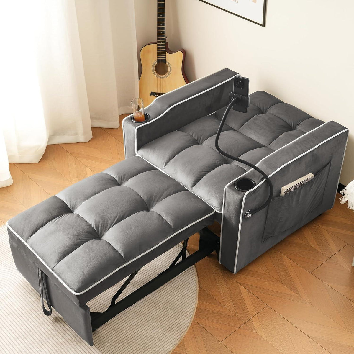 3-in-1 Schlafsofa mit Becherhaltern & Handyhalter – Dunkelgrau