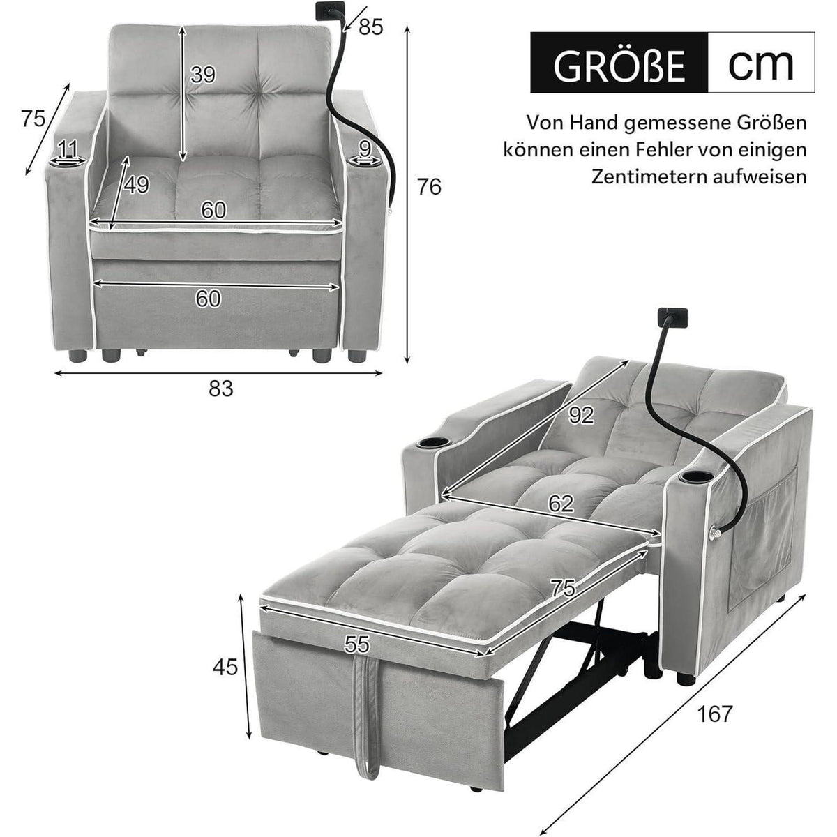 3-in-1 Schlafsofa mit Becherhaltern & Handyhalter – Antik Grau Weiß B