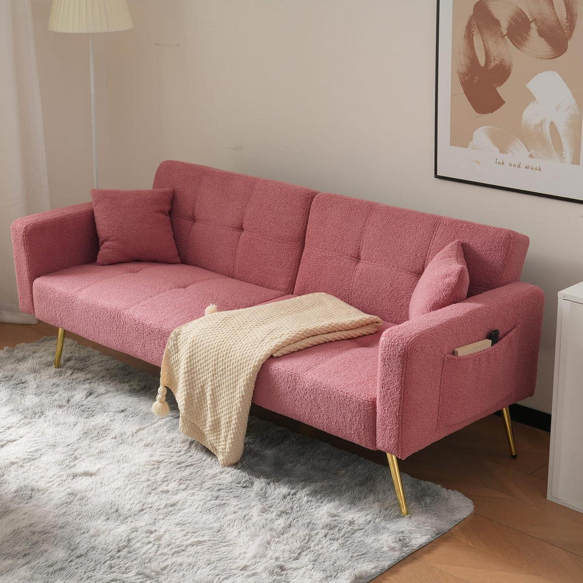 Rosa Schlafsofa mit verstellbarer Rückenlehne & goldenen Beinen