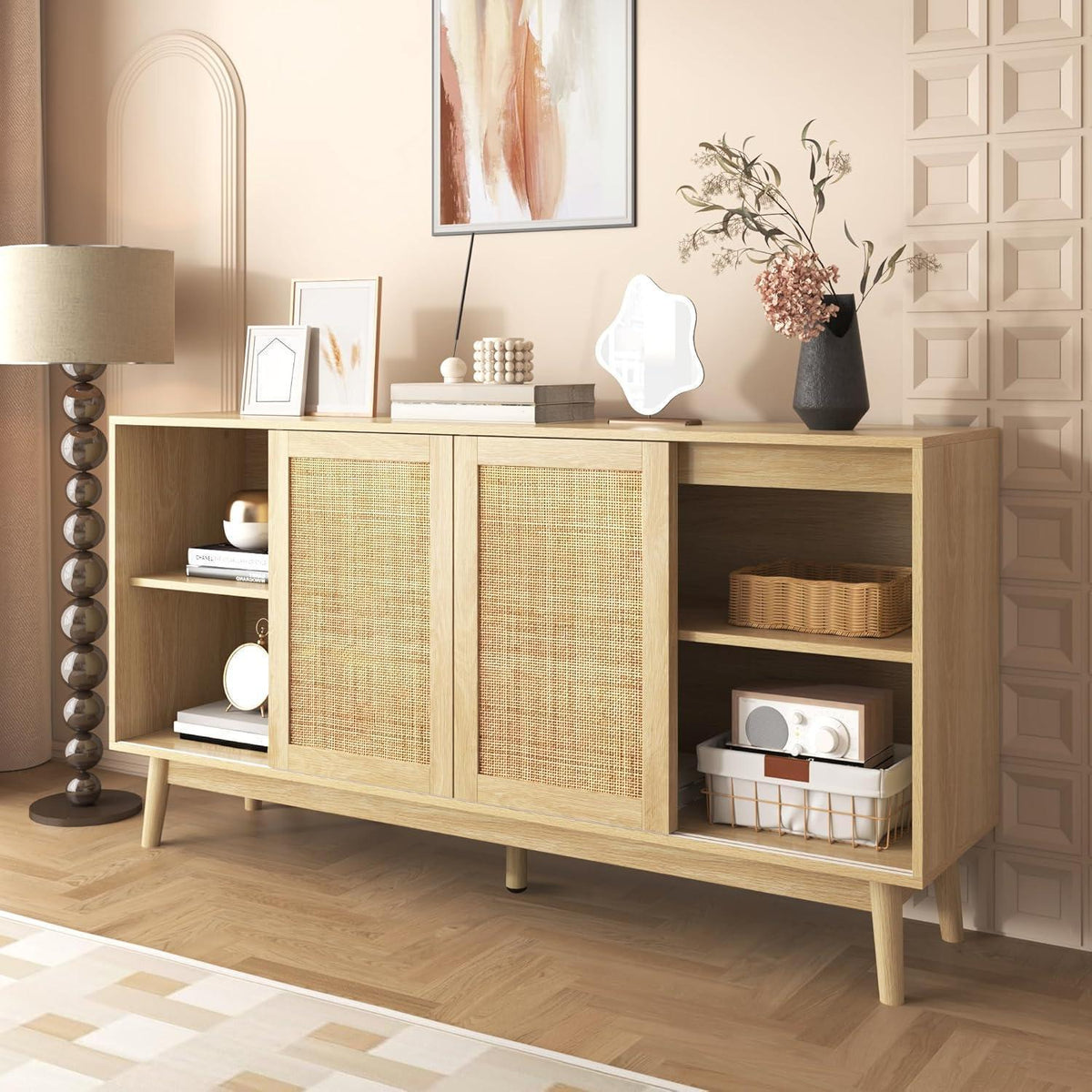 Rattanschrank 155cm mit 3 Türen & 2 Schubladen – Sideboard Kommode