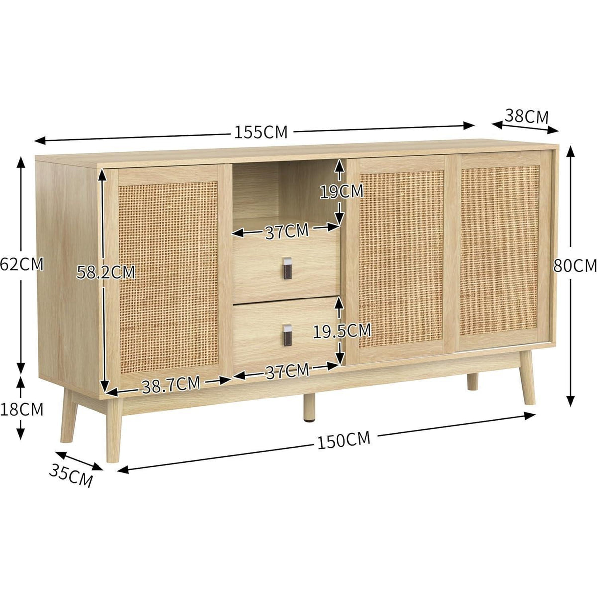 Rattanschrank 155cm mit 3 Türen & 2 Schubladen – Sideboard Kommode