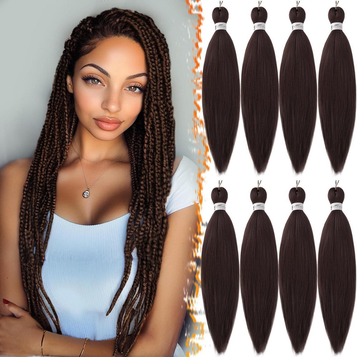 66cm Pre-Stretched Braiding Haar 8er Pack - Dunkel Kastanien Braun