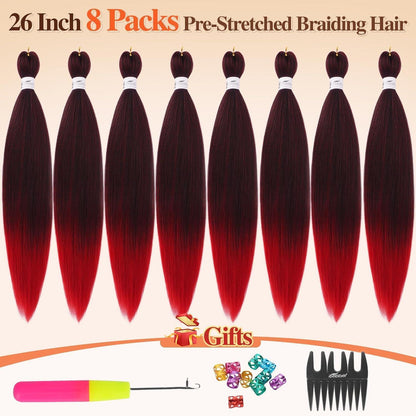 66cm Pre Stretched Braiding Haare 8er Set Ombre Rot