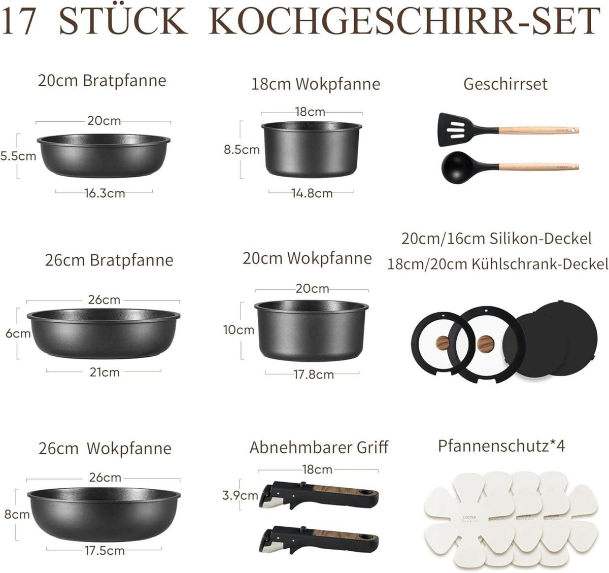 17-teiliges CAROTE Topfset mit abnehmbaren Griffen Schwarz