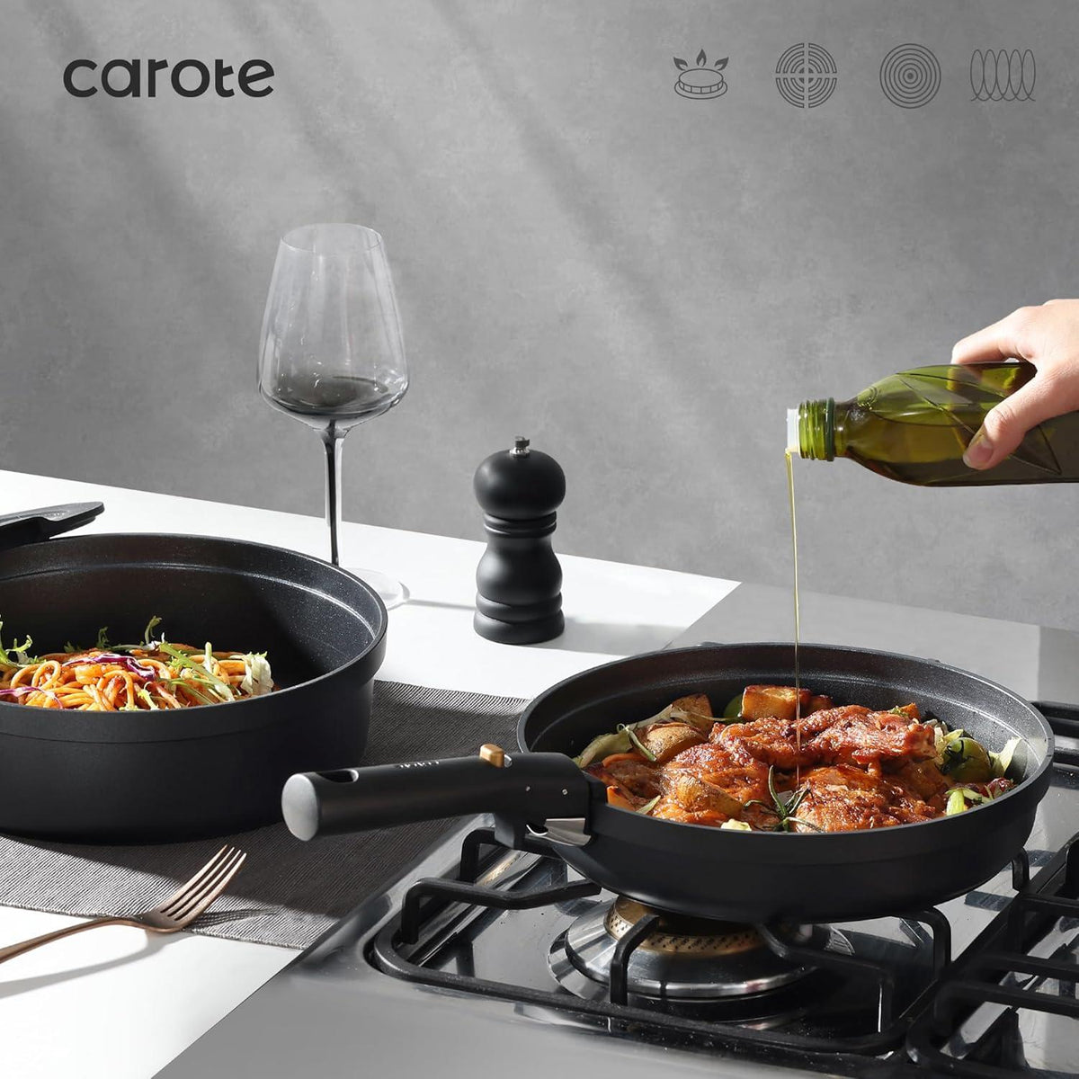 CAROTE Topfset 20tlg. abnehmbare Griffe Antihaft Pfannenset Induktion