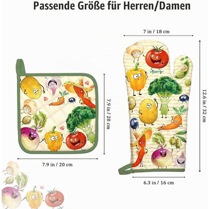 Gemüse Ofenhandschuhe & Topflappen Set aus Baumwolle