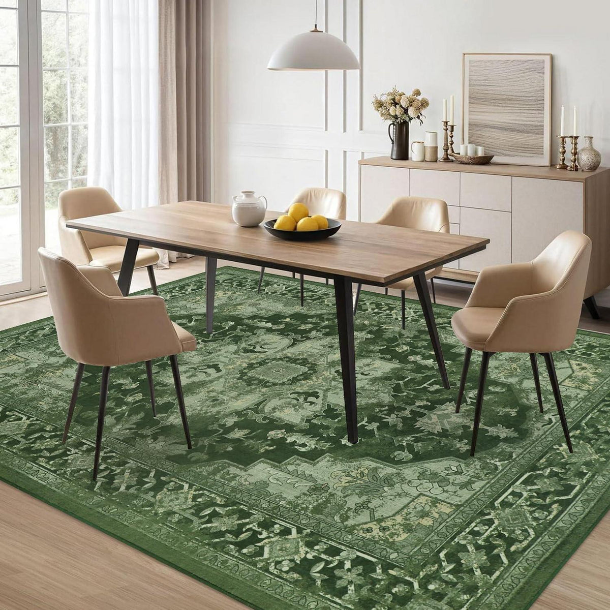 Großer Boho Teppich 160x230cm – Waschbar, Grün, Vintage Wohnzimmerteppich