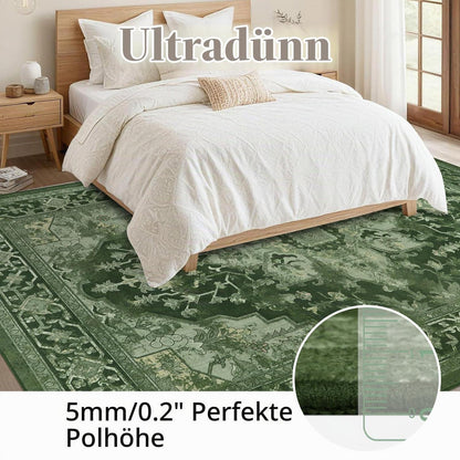 Großer Boho Teppich 160x230cm – Waschbar, Grün, Vintage Wohnzimmerteppich