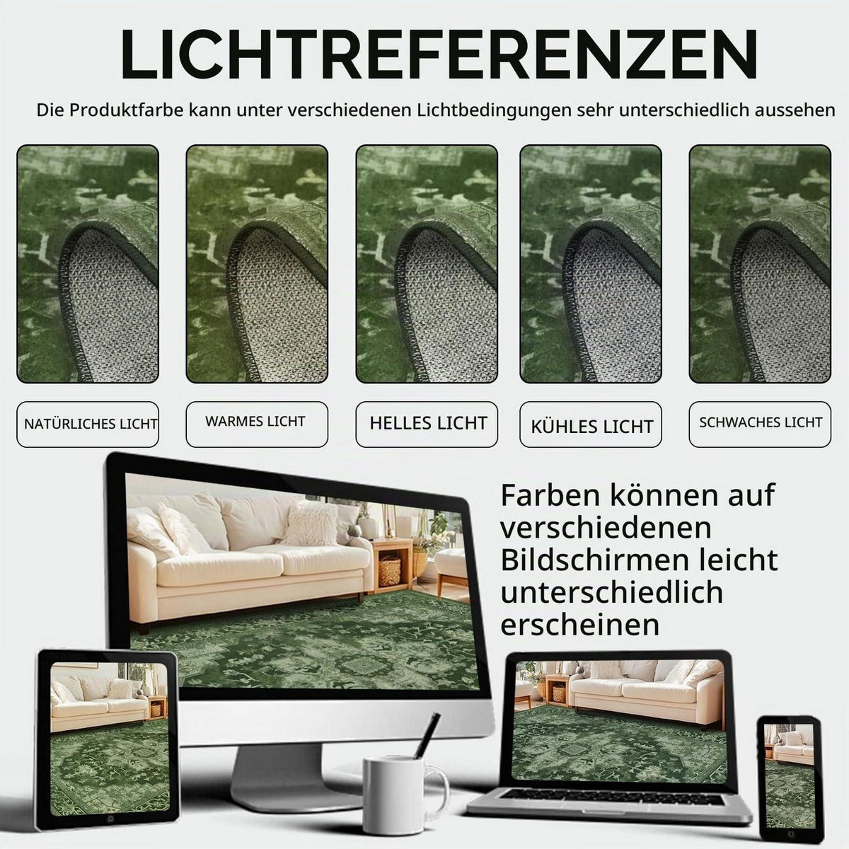 Großer Boho Teppich 160x230cm – Waschbar, Grün, Vintage Wohnzimmerteppich
