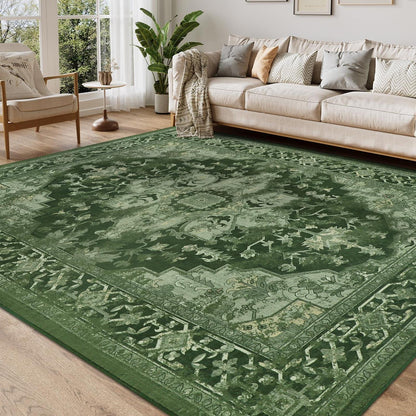 Großer Boho Teppich 160x230cm – Waschbar, Grün, Vintage Wohnzimmerteppich